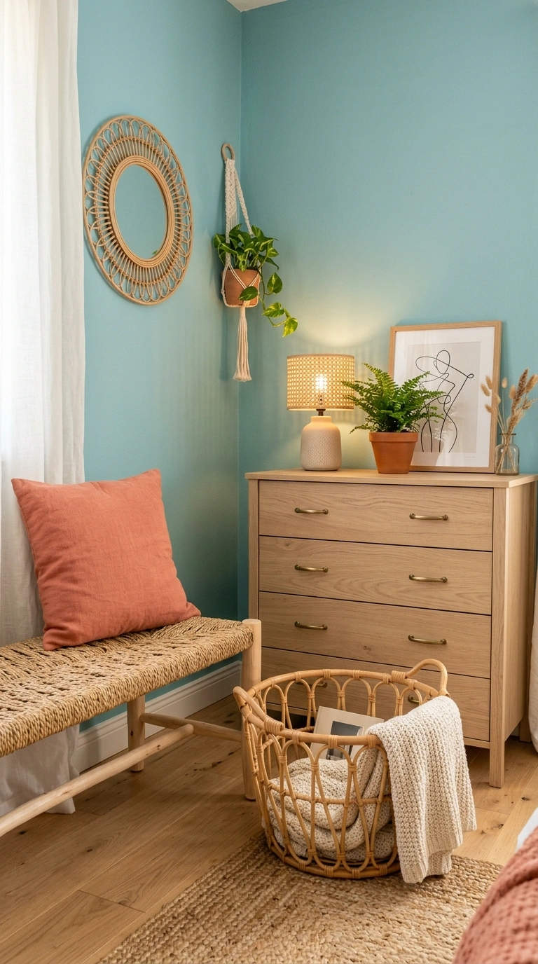 010 A bedroom corner layered with natural rattan and l