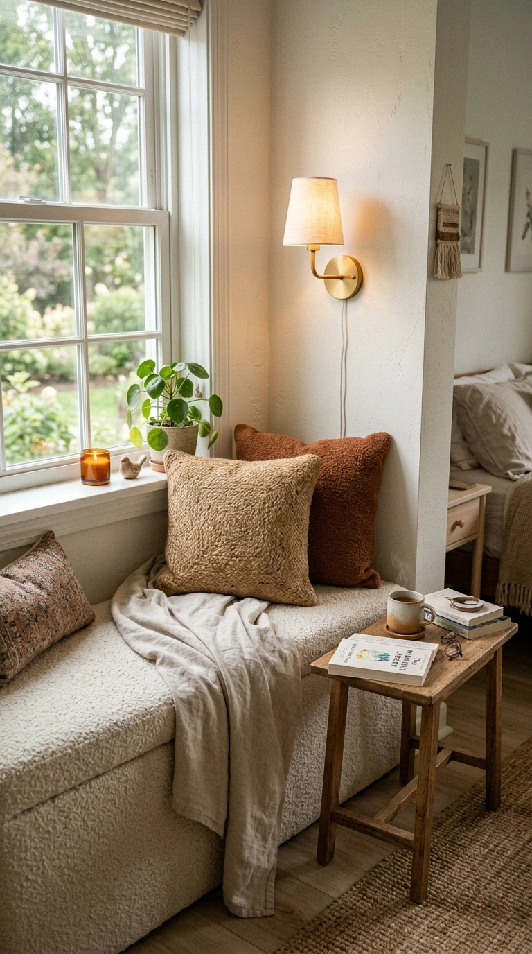 010 A bedroom corner reading nook with a padded window