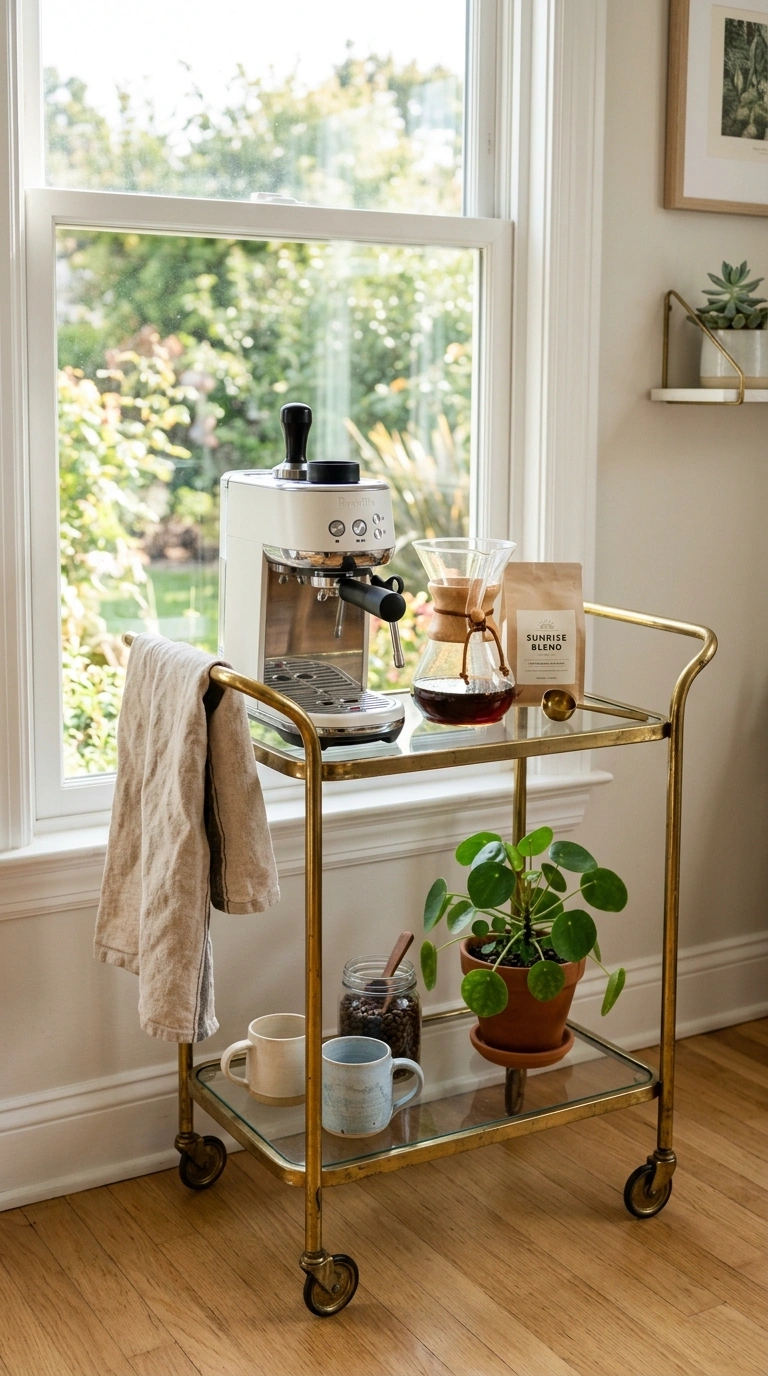 010 A compact two tier brass bar cart parked under a b