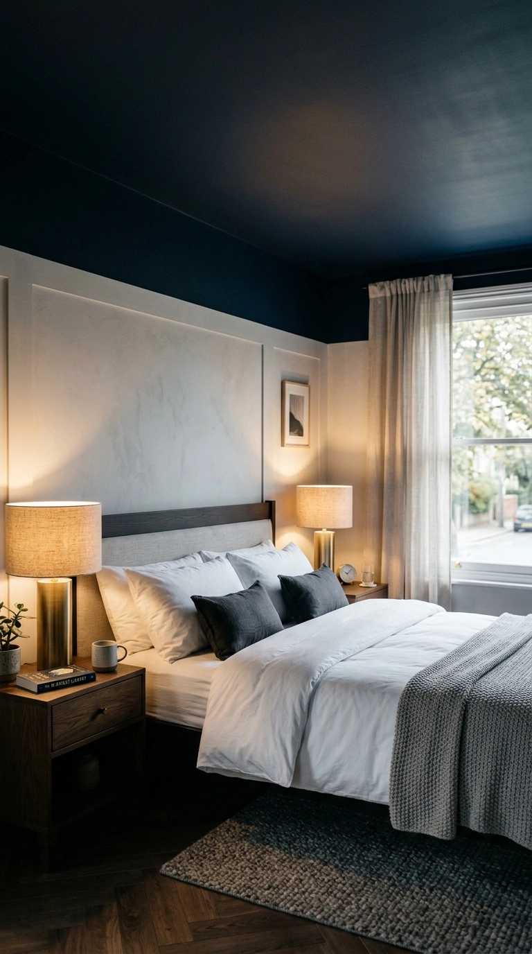 010 A cozy moody bedroom with a matte ink navy painted
