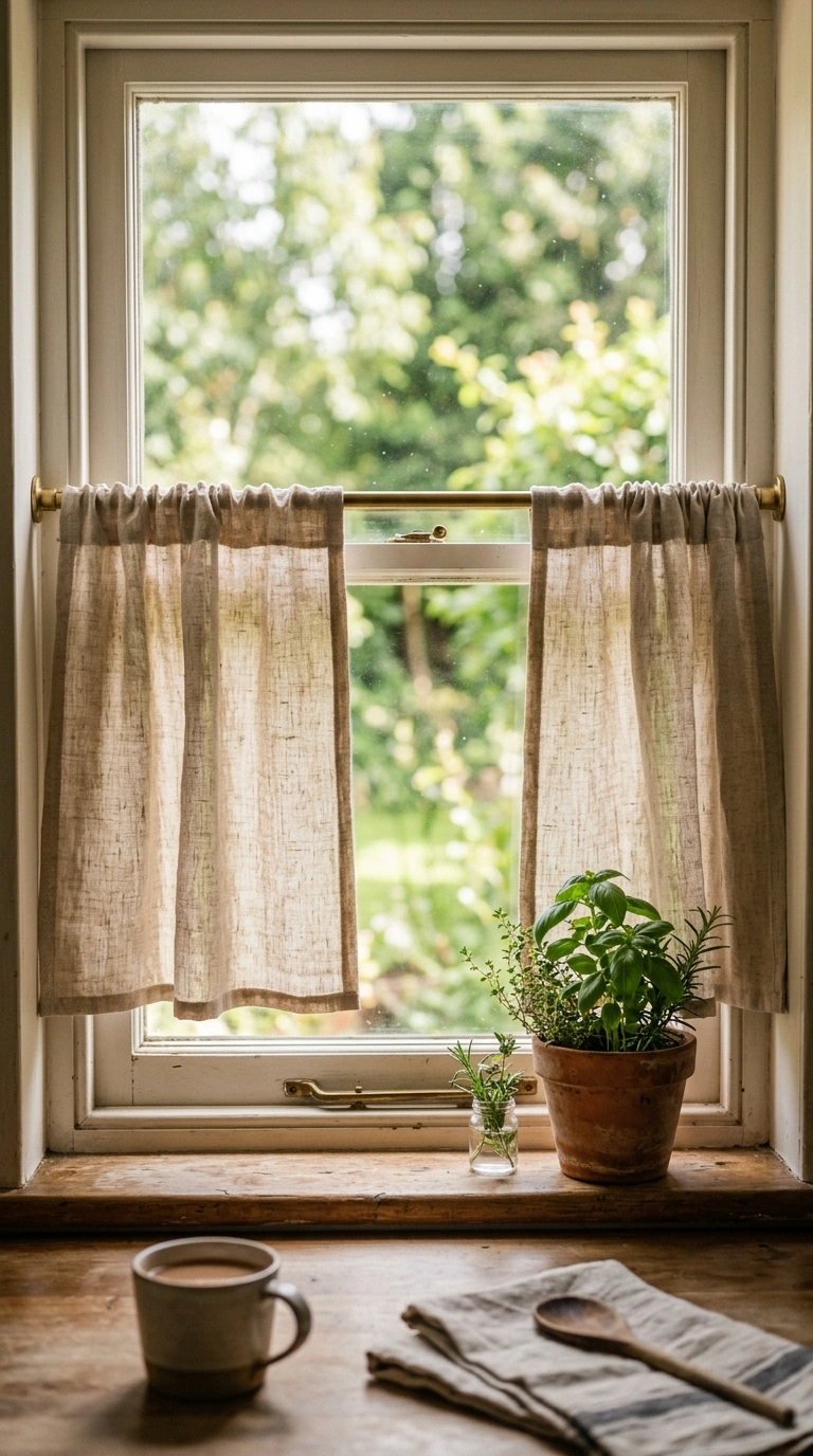 010 A kitchen window dressed with short oatmeal linen