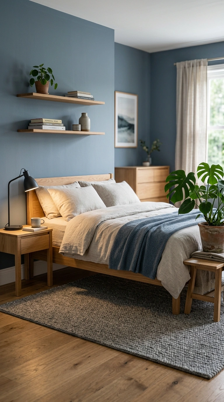 010 A modern rustic bedroom with cool slate blue walls