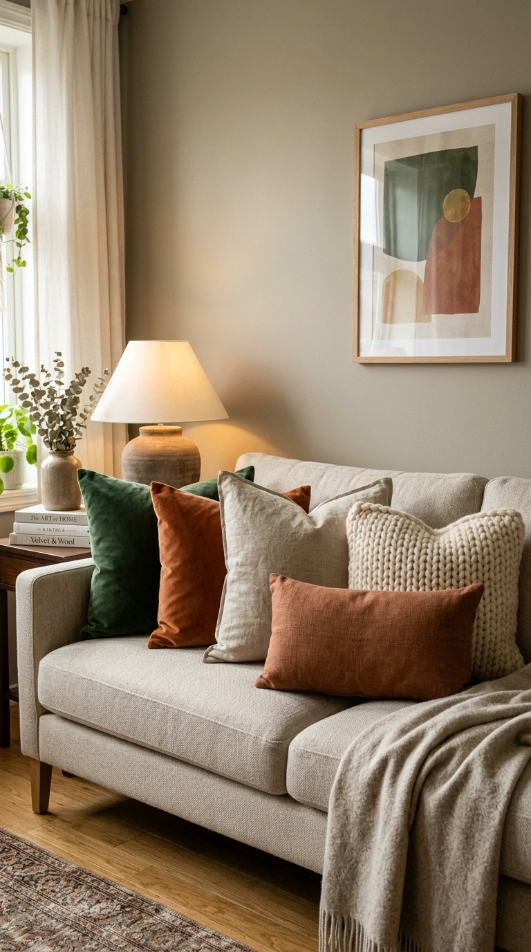 010 A neutral sofa styled with velvet throw pillows in
