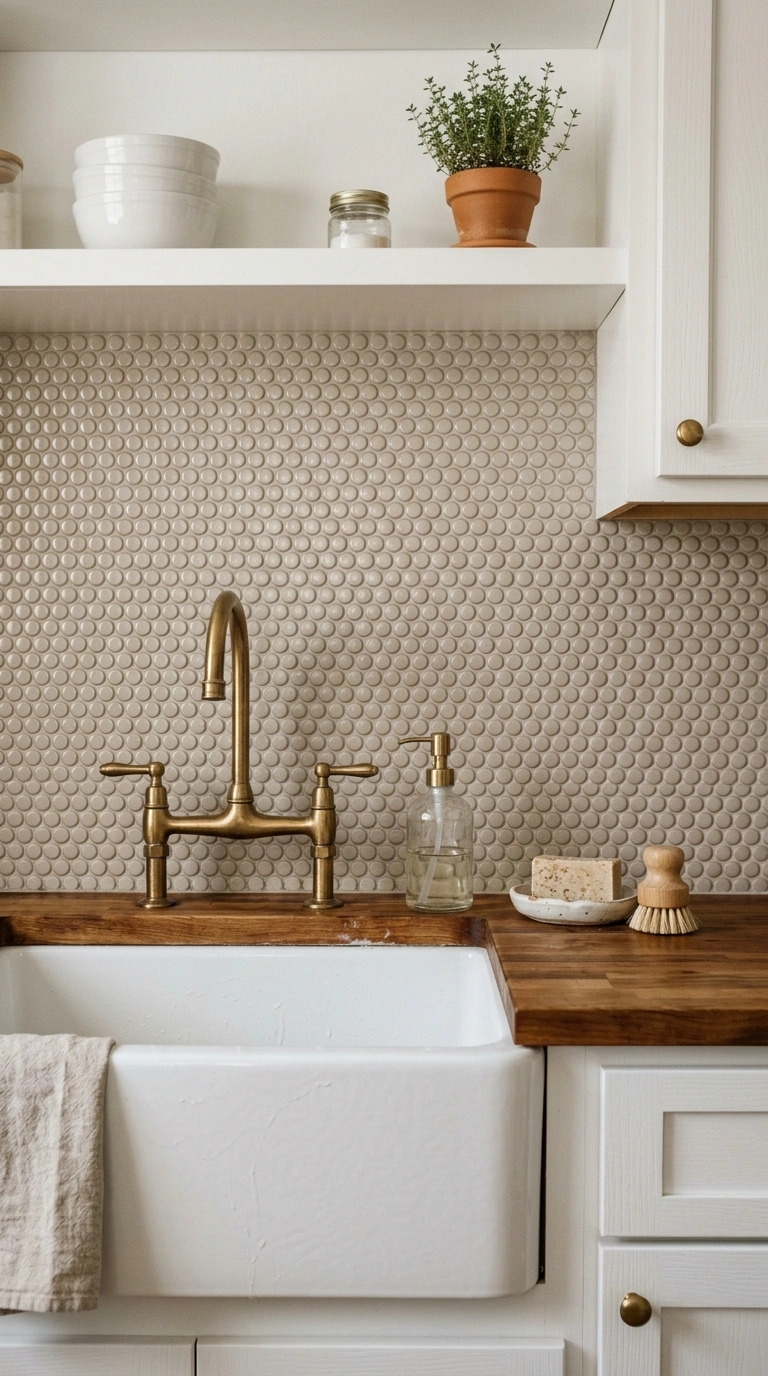 010 A penny round mosaic backsplash in soft greige wit