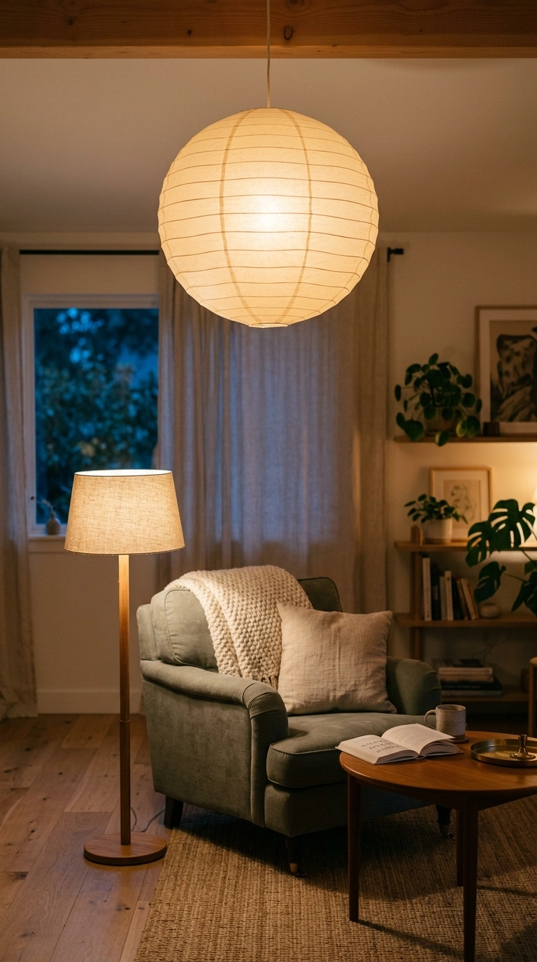 010 A round warm cream paper lantern glowing softly ab