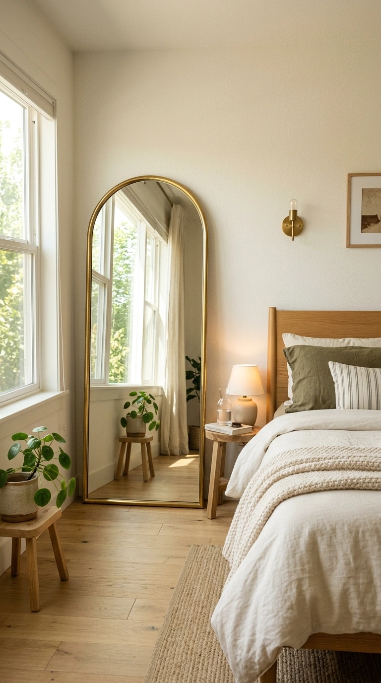 010 A small bedroom brightened by a tall arched brass