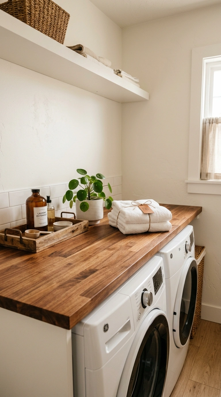 010 A small laundry room with a warm butcher block cou