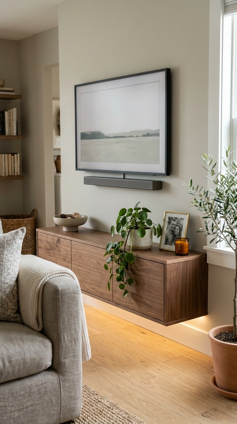 010 A small living room with a wall mounted floating c
