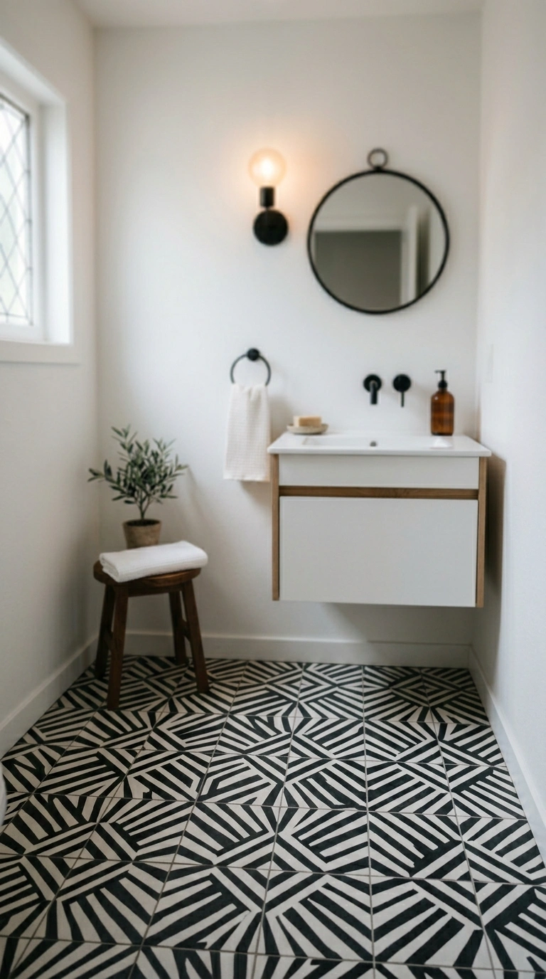 010 A small powder room with a bold black and white ge