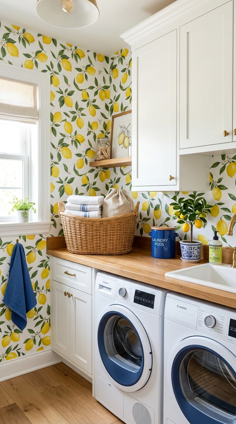 010 A sunny laundry room with cheerful lemon print wal