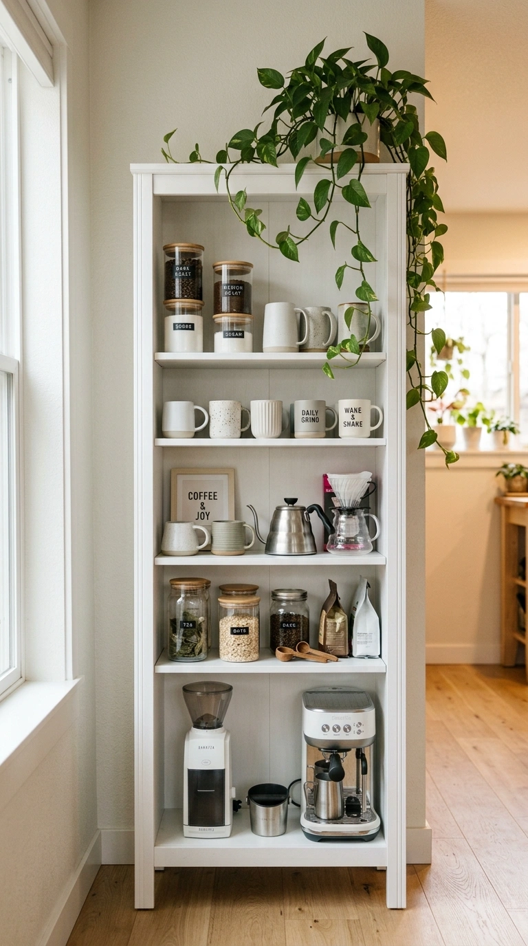 010 A tall narrow white bookcase used as vertical coff