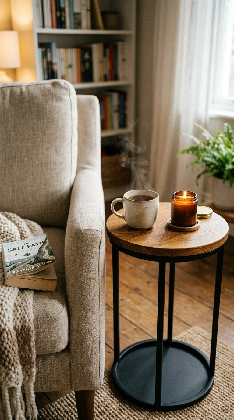 010 A tiny round side table with a matte black frame a