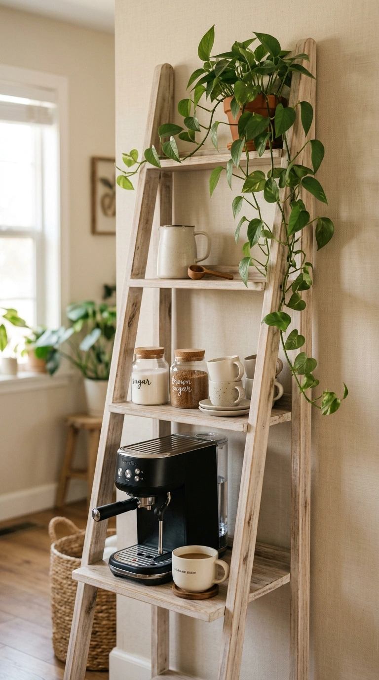 010 A whitewashed wooden ladder shelf leaned against a