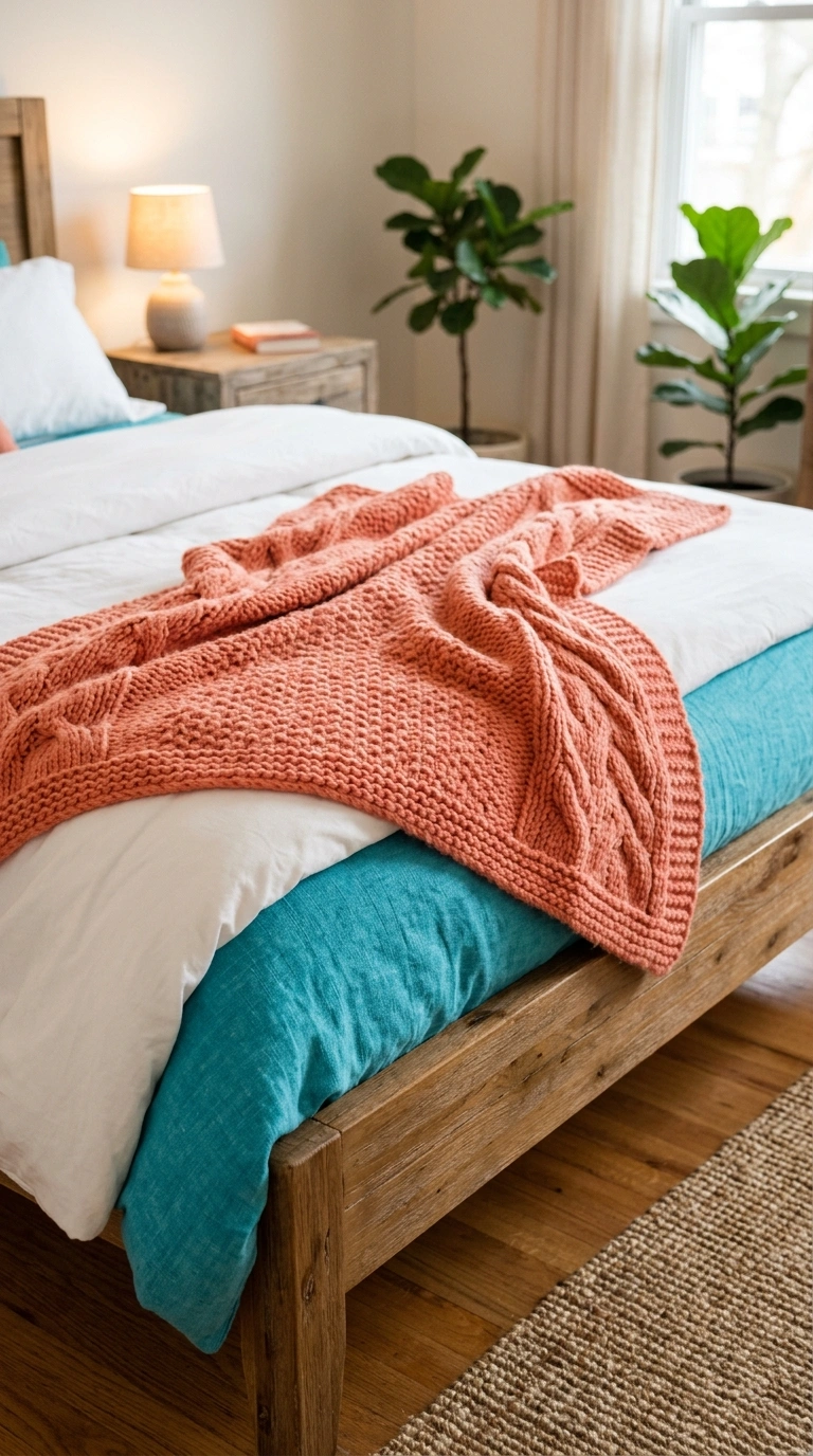 011 A bed foot styled with a soft coral knit throw dra