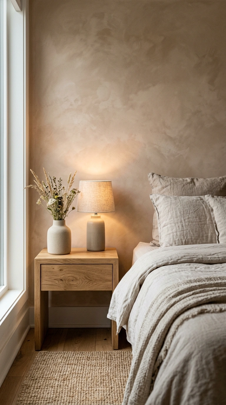 011 A bedroom with soft limewash walls in warm clay sh
