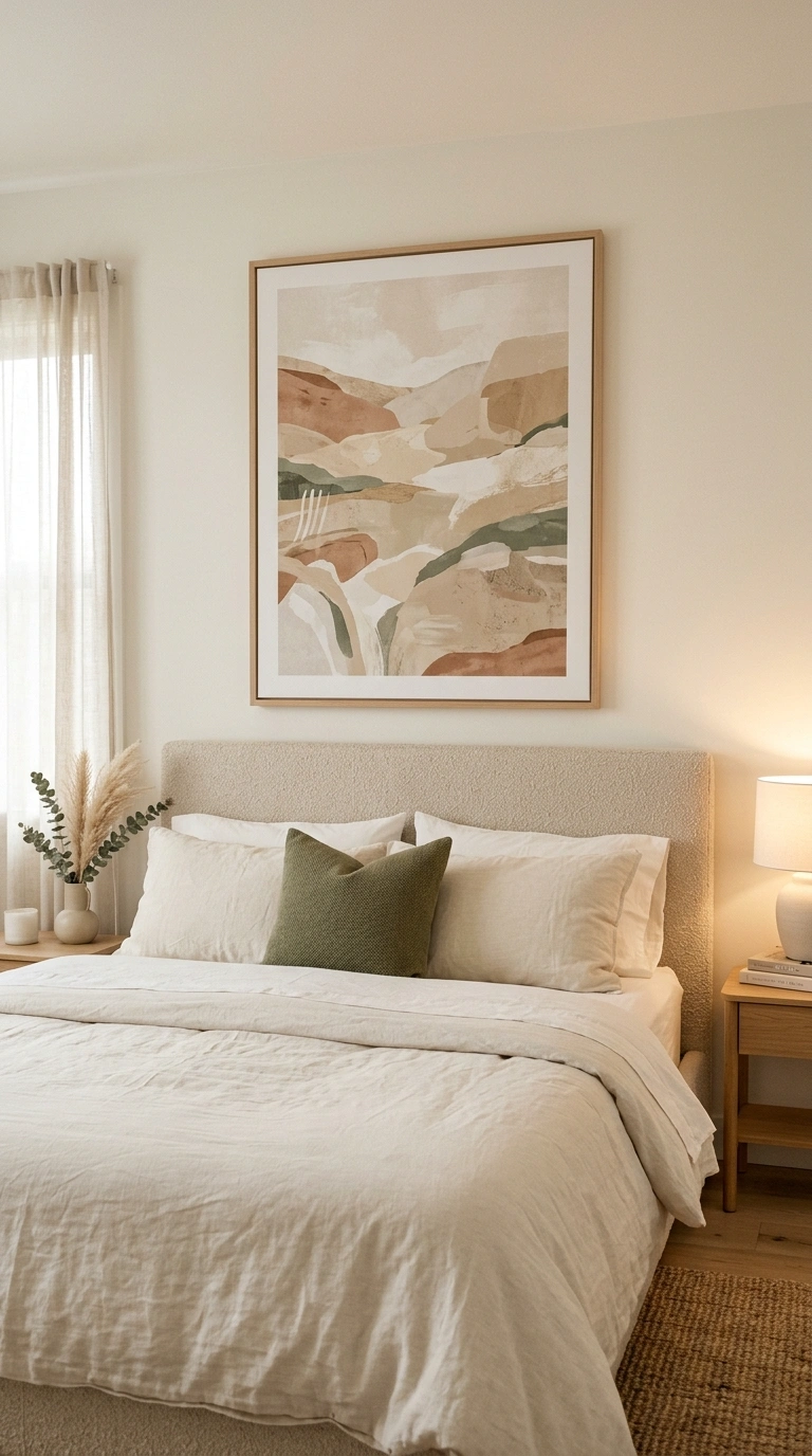 011 A calm bedroom wall featuring one oversized abstra