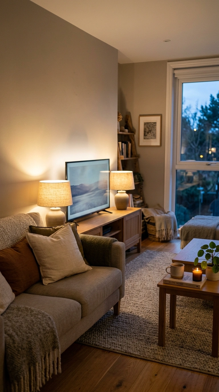 011 A cozy small living room at dusk with a flat TV fl