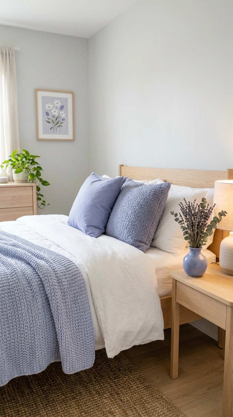 011 A fresh bedroom with pale gray walls and dreamy pe