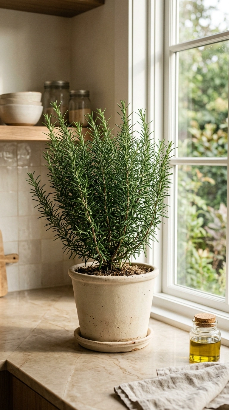 011 A large potted rosemary plant in a matte cream sto