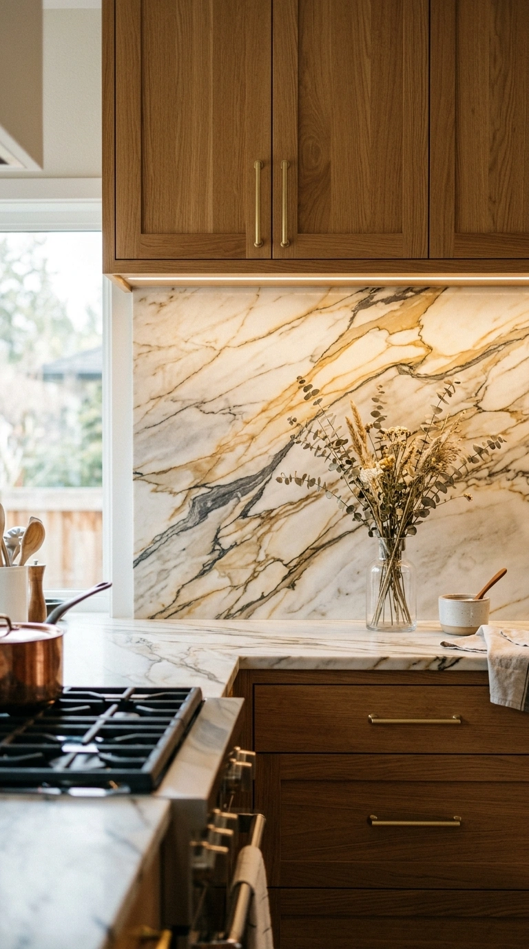 011 A quartzite slab backsplash with bold gold and gra