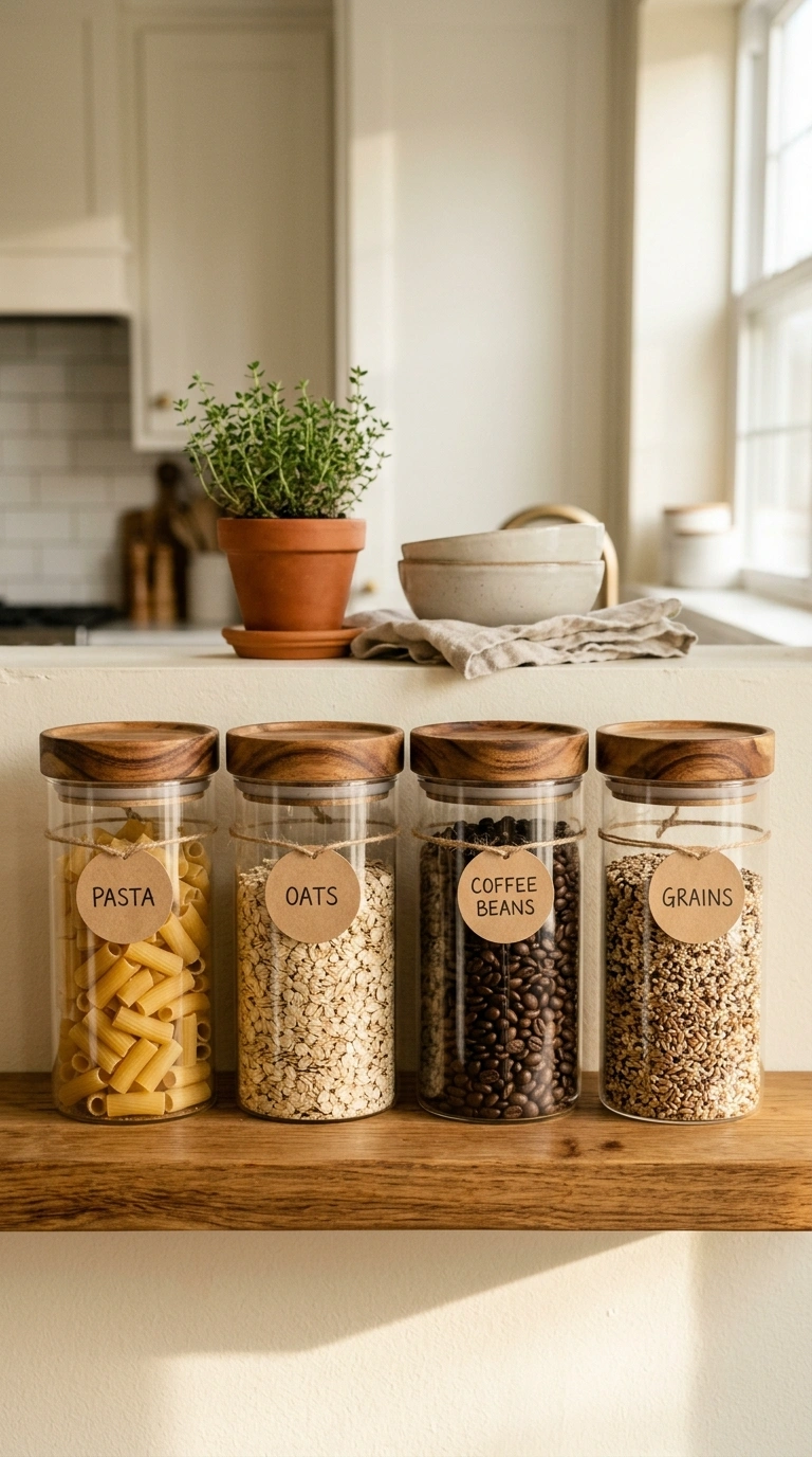 011 A row of matching clear glass storage jars with wo