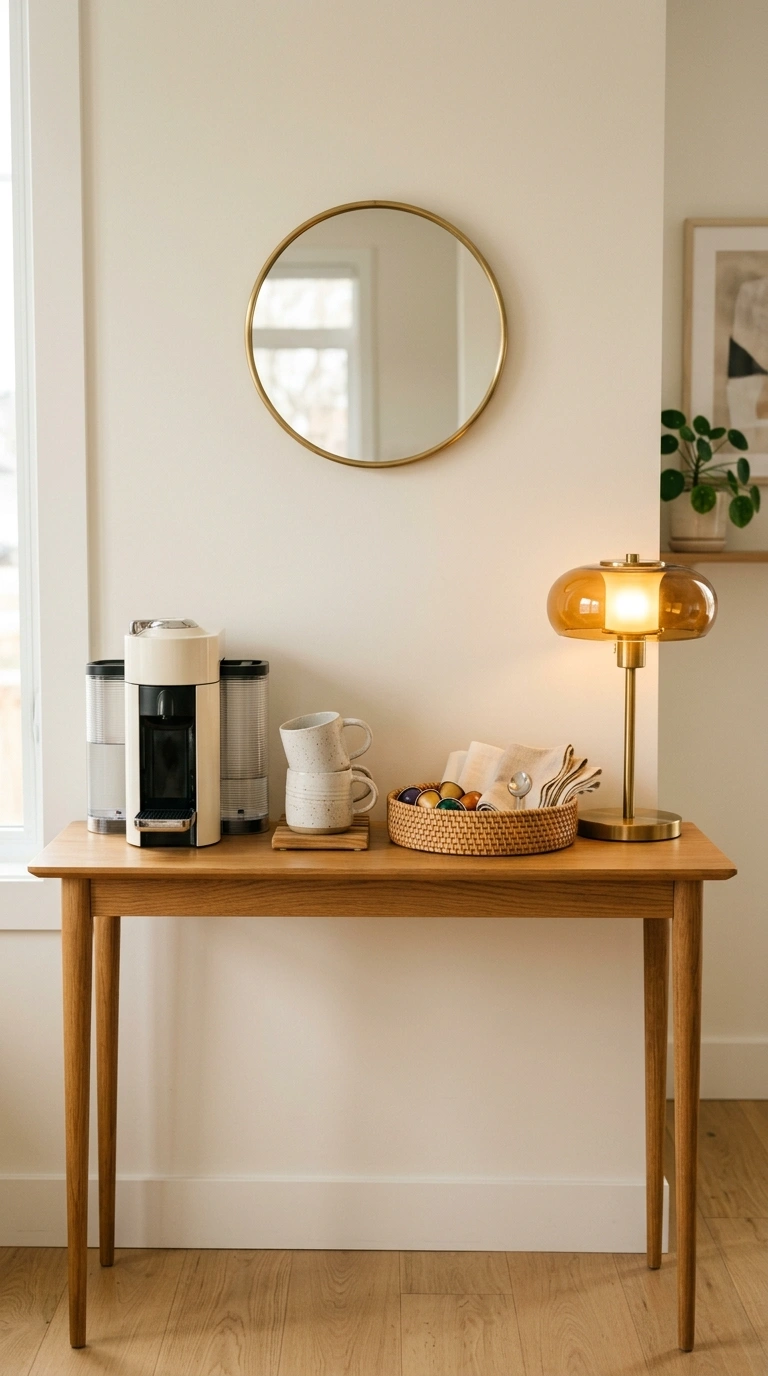 011 A skinny warm oak console table with thin tapered