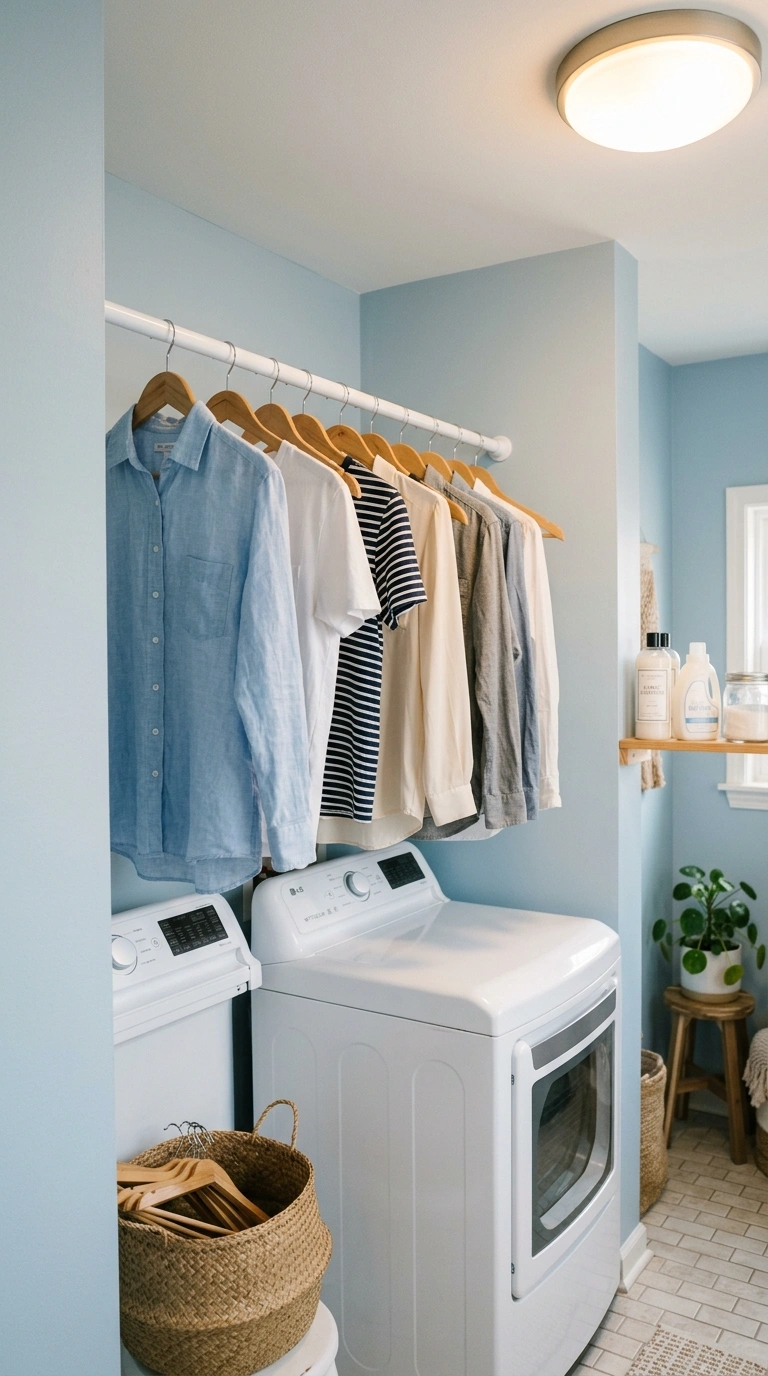 011 A small laundry alcove with a white tension rod st