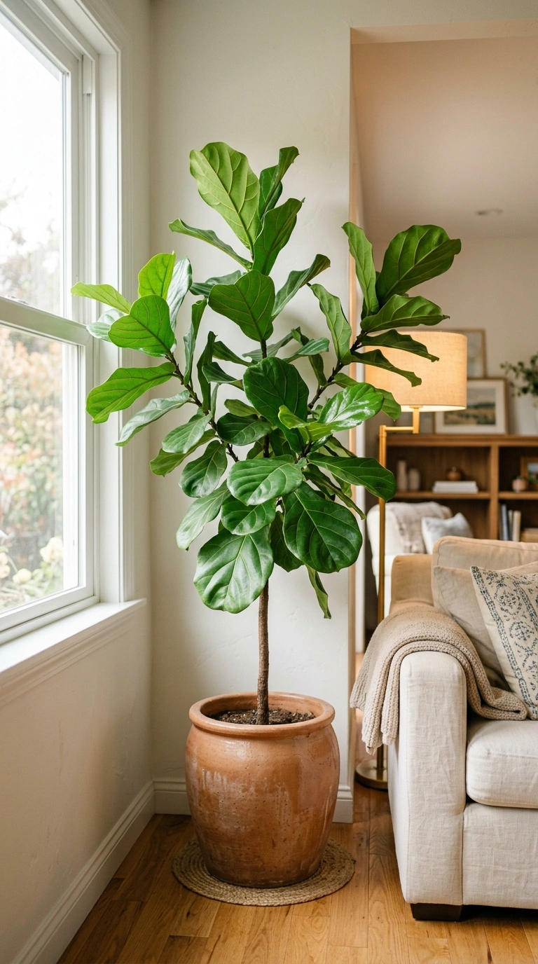 011 A tall fiddle leaf fig in a textured warm clay cer