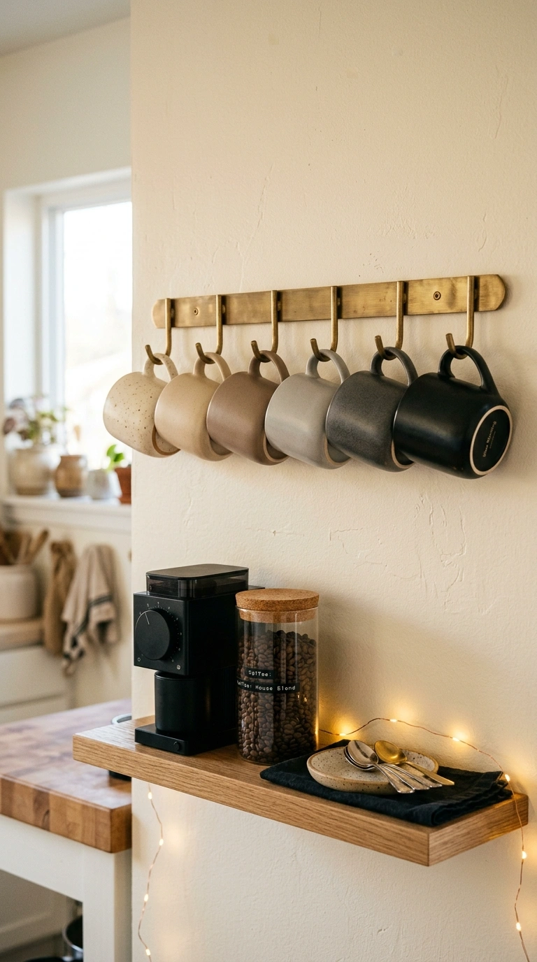 011 A wall mounted brass mug rack holding a row of mug