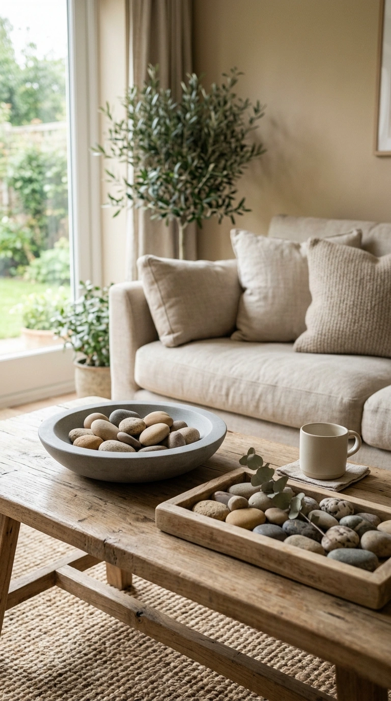 011 Smooth stone and pebble accents in a calm living r