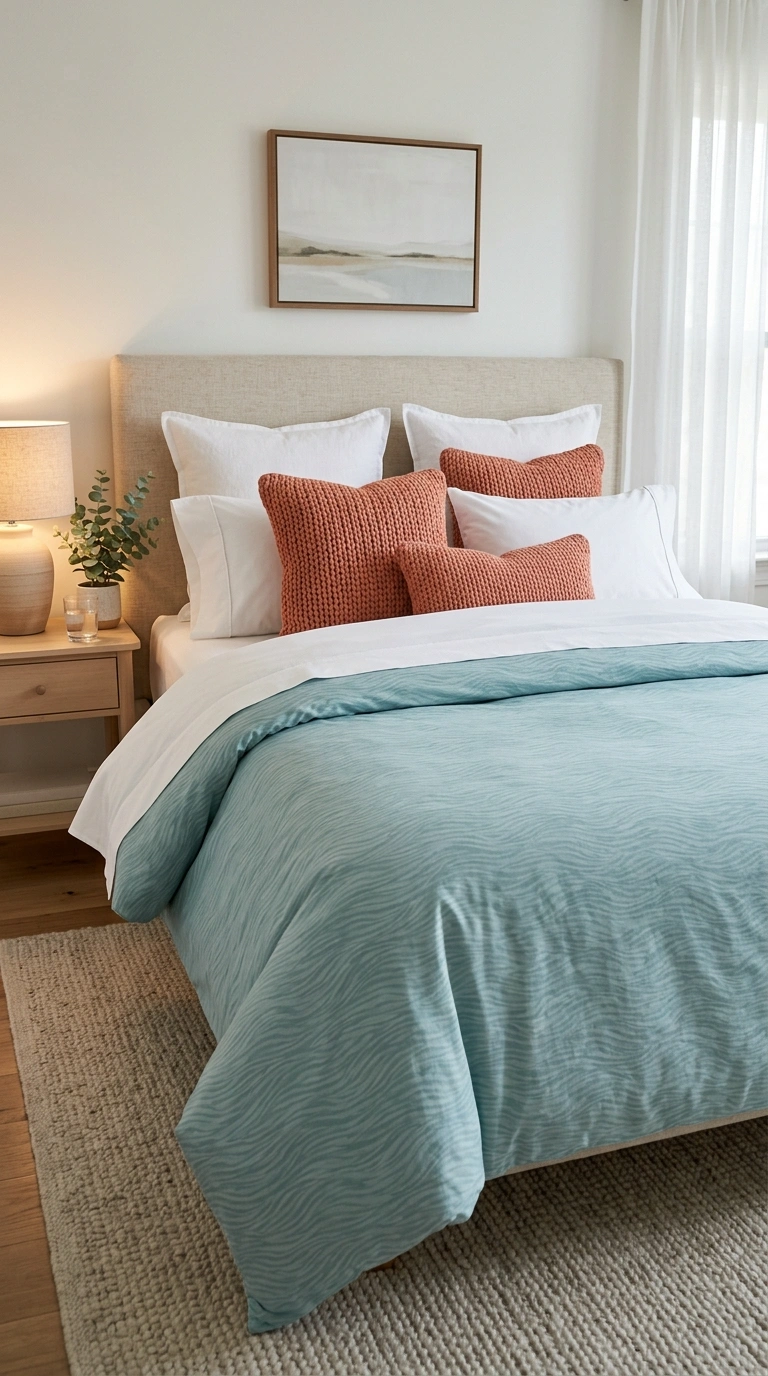 012 A bed dressed in a patterned muted turquoise duvet