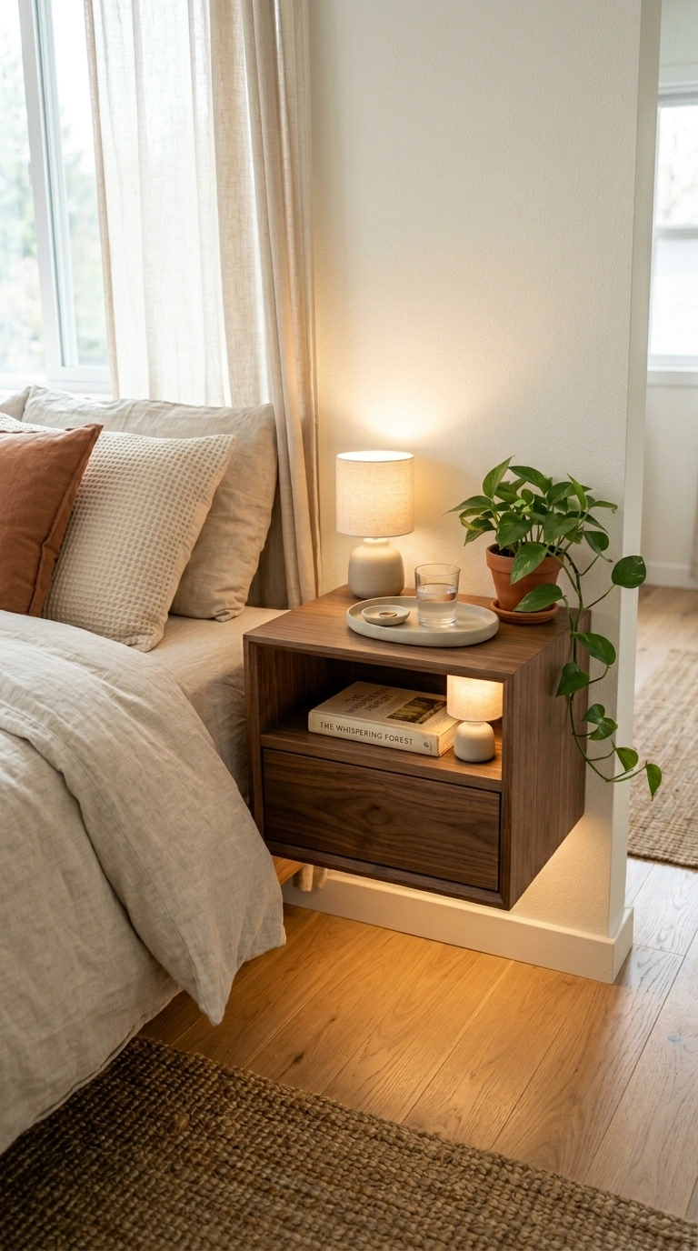 012 A bedroom with floating nightstands in warm walnut