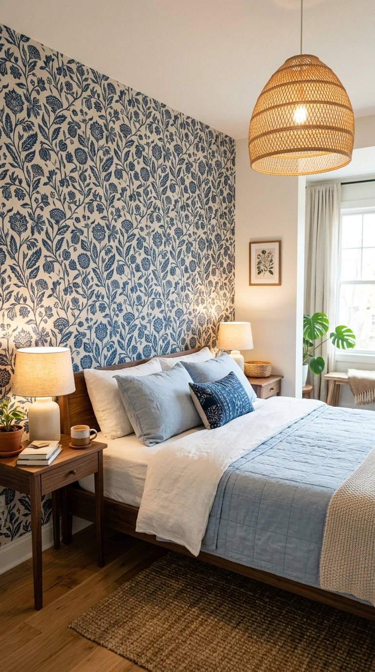 012 A bedroom with one indigo botanical block print wa