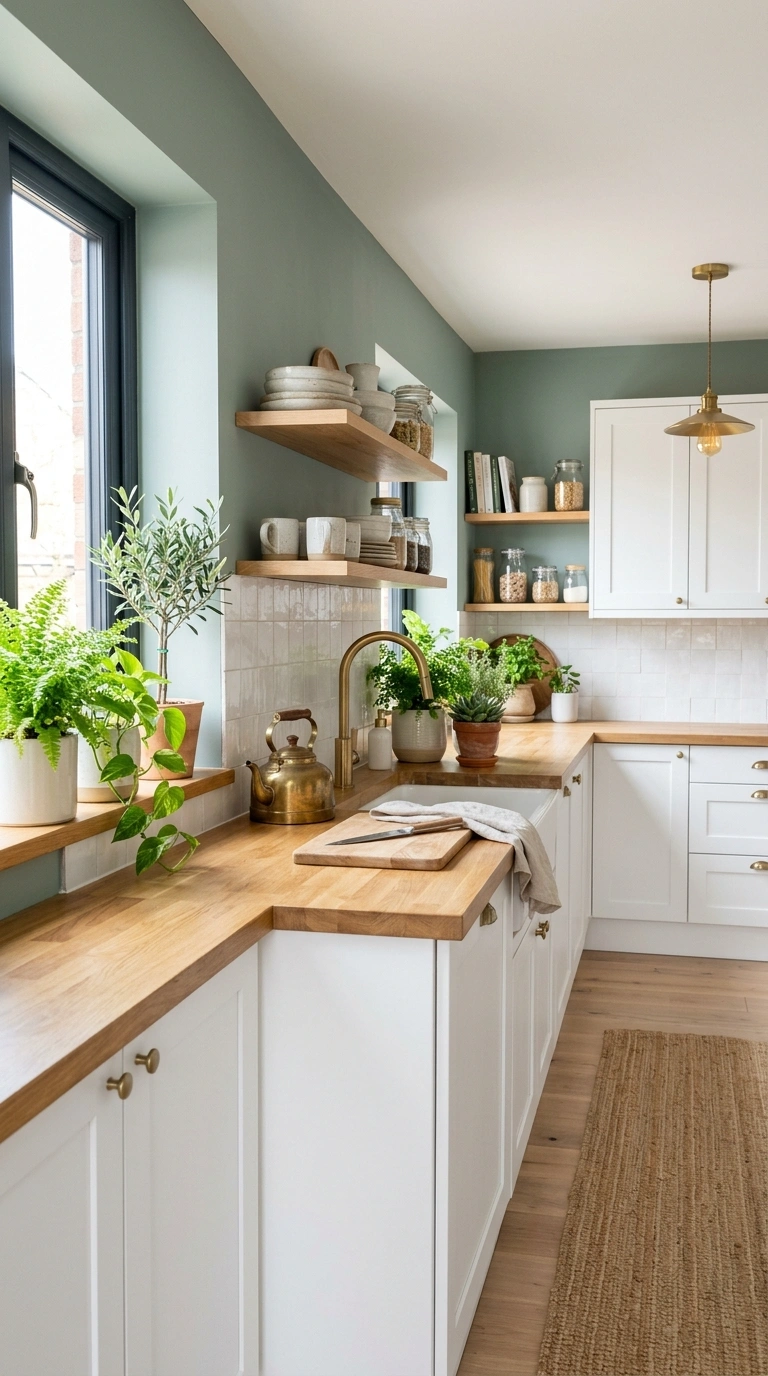 012 A bright kitchen with soft muted sage green walls