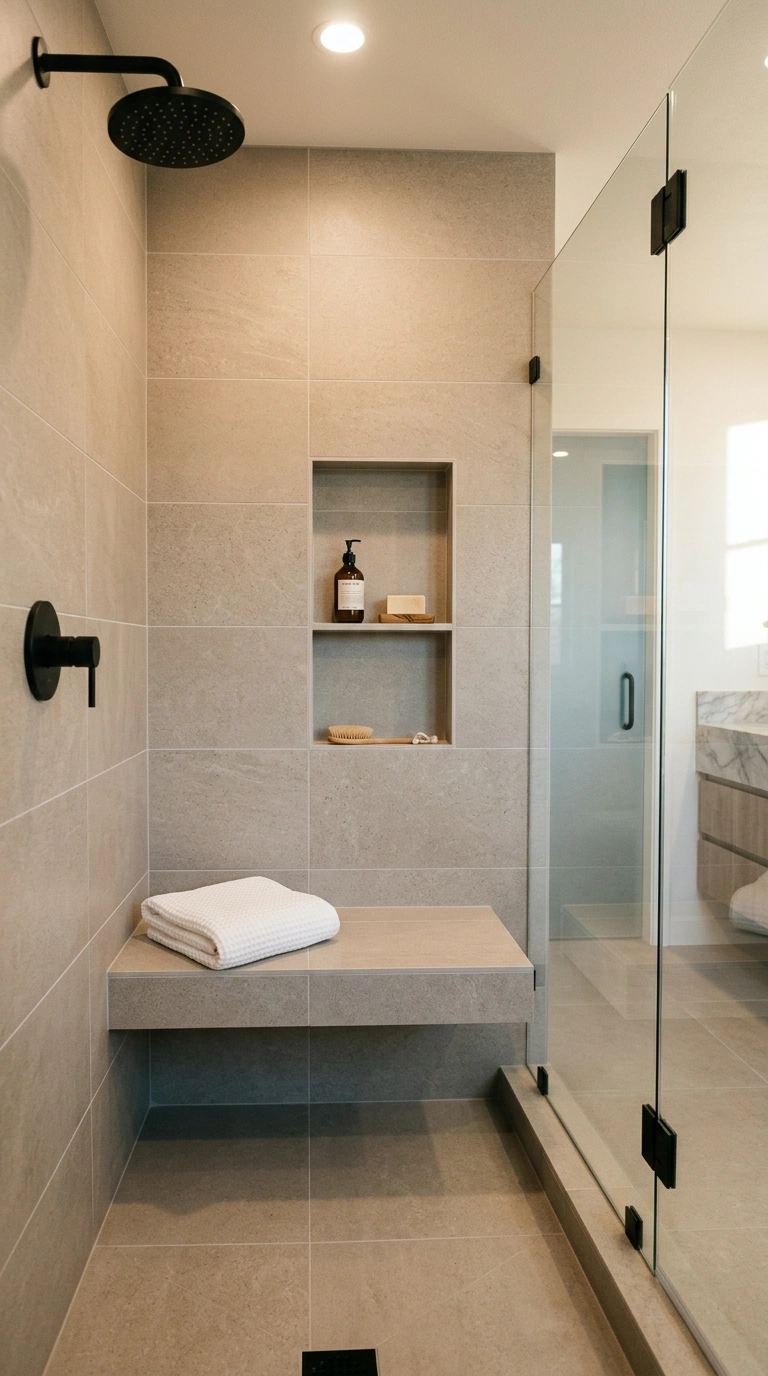012 A floating tiled shower bench along one wall of a