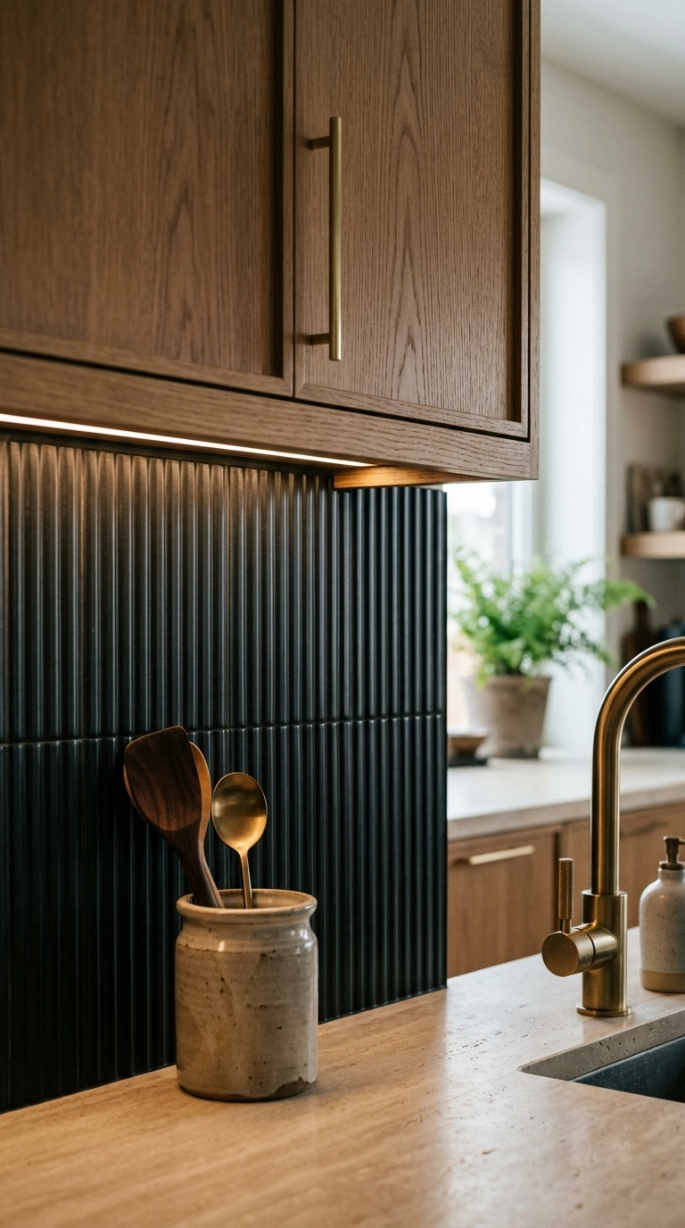 012 A matte black fluted tile backsplash absorbing lig