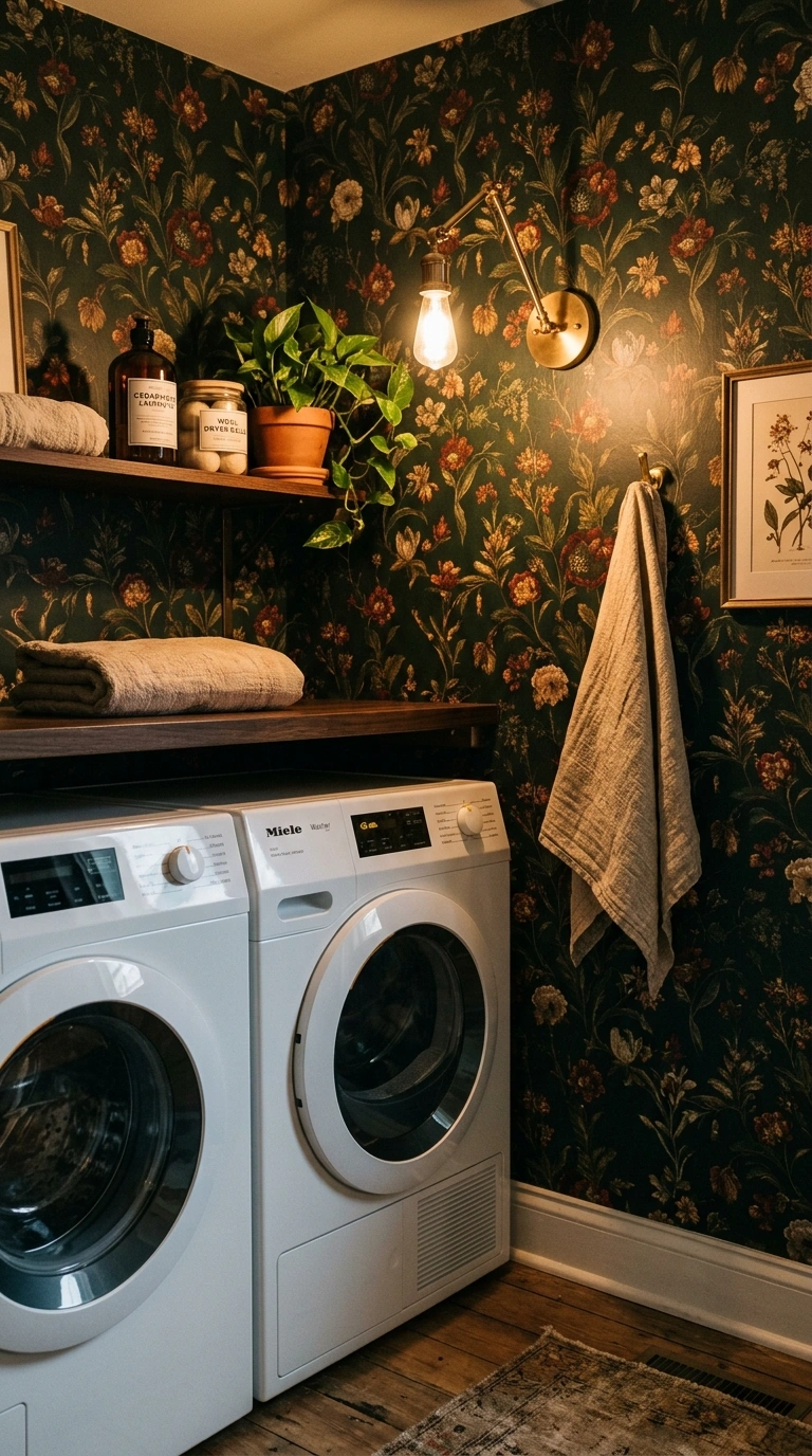 012 A moody laundry room wrapped in dark floral wallpa