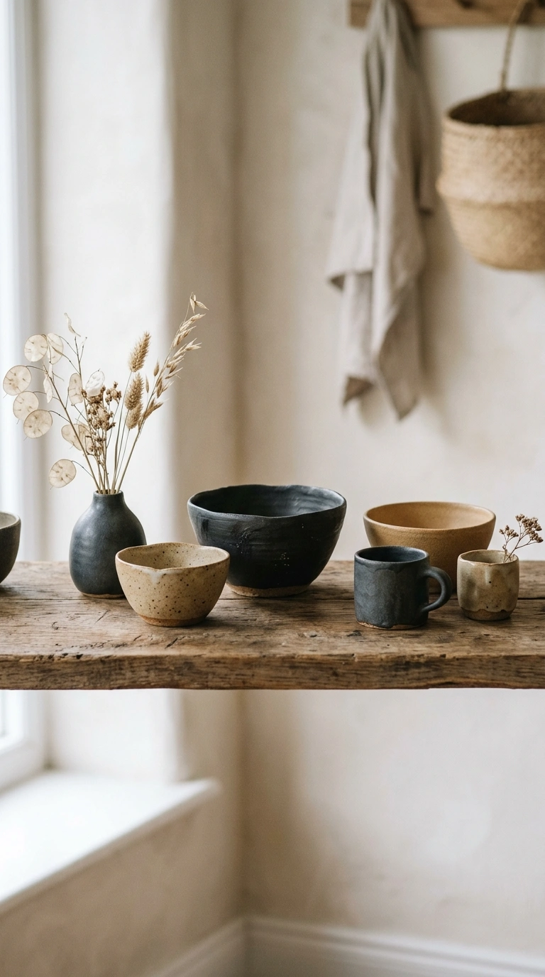012 A small group of wabi sabi hand thrown ceramics on