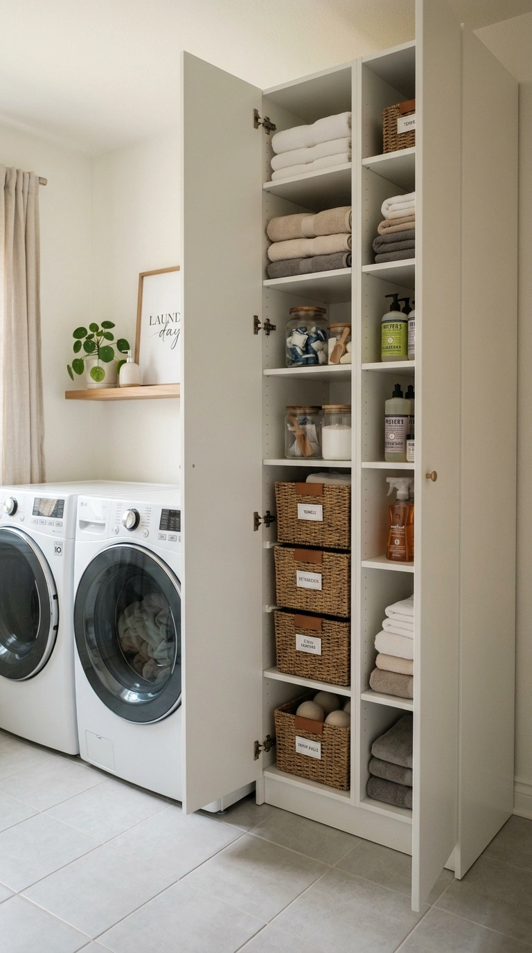 012 A small laundry room with a tall narrow matte whit