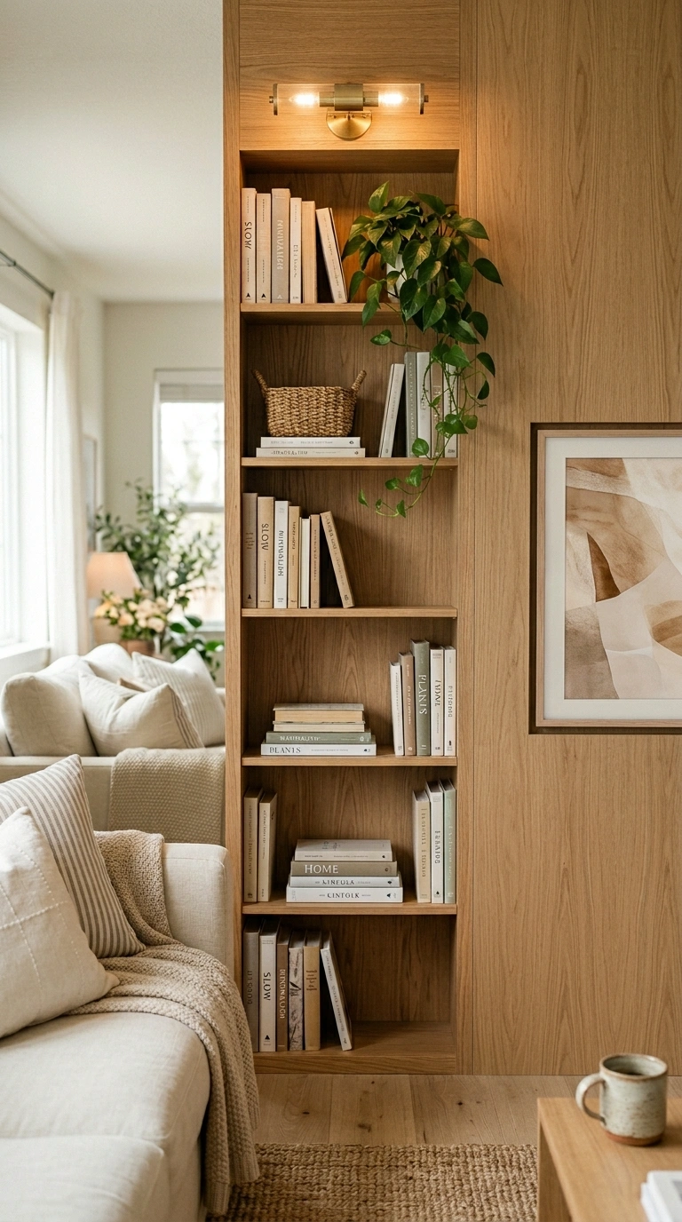 012 A small living room with a tall narrow warm oak bo