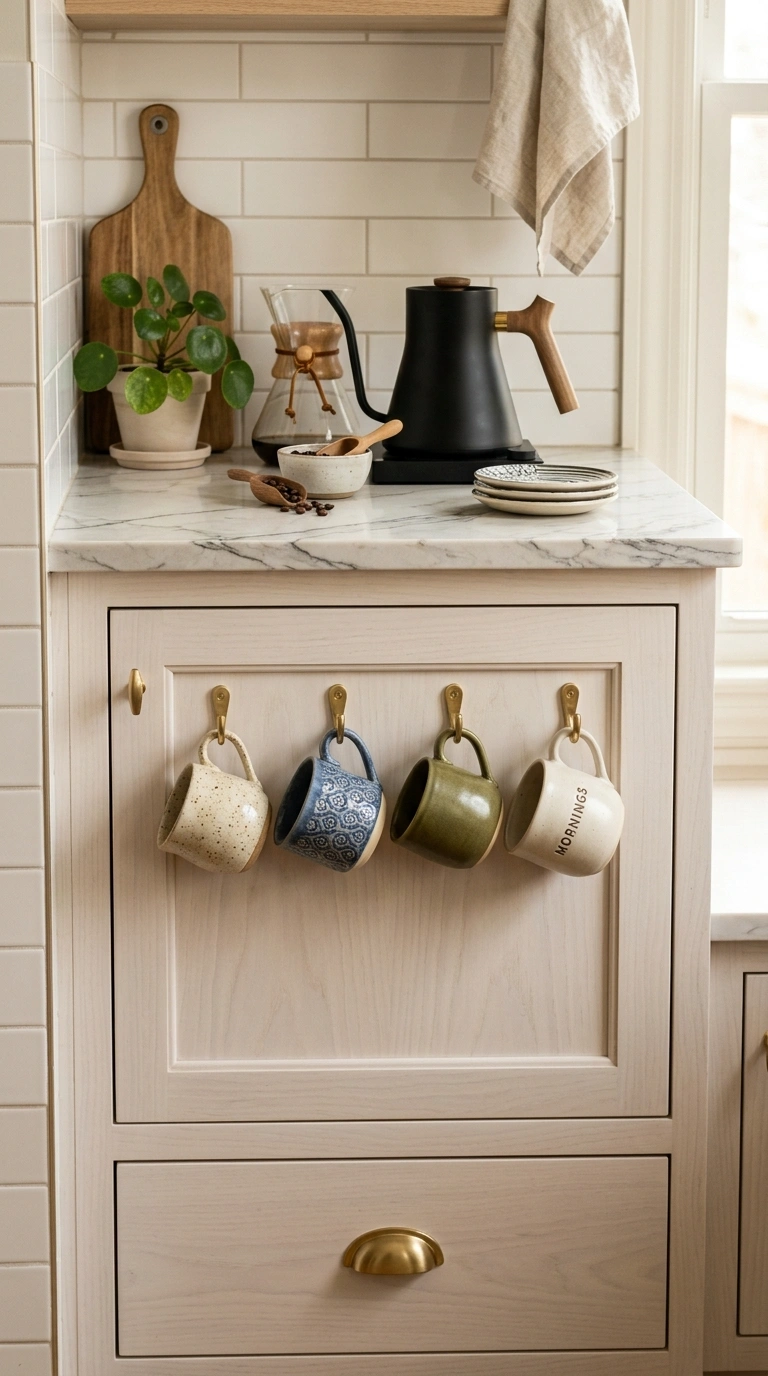 012 A soft white stain cabinet with brass hooks and pu