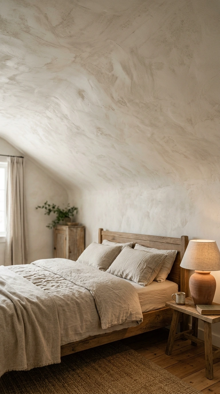012 A softly lit bedroom with a chalky limewashed plas