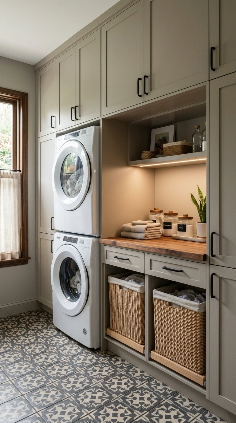 012 A storage smart laundry room with a stacked white
