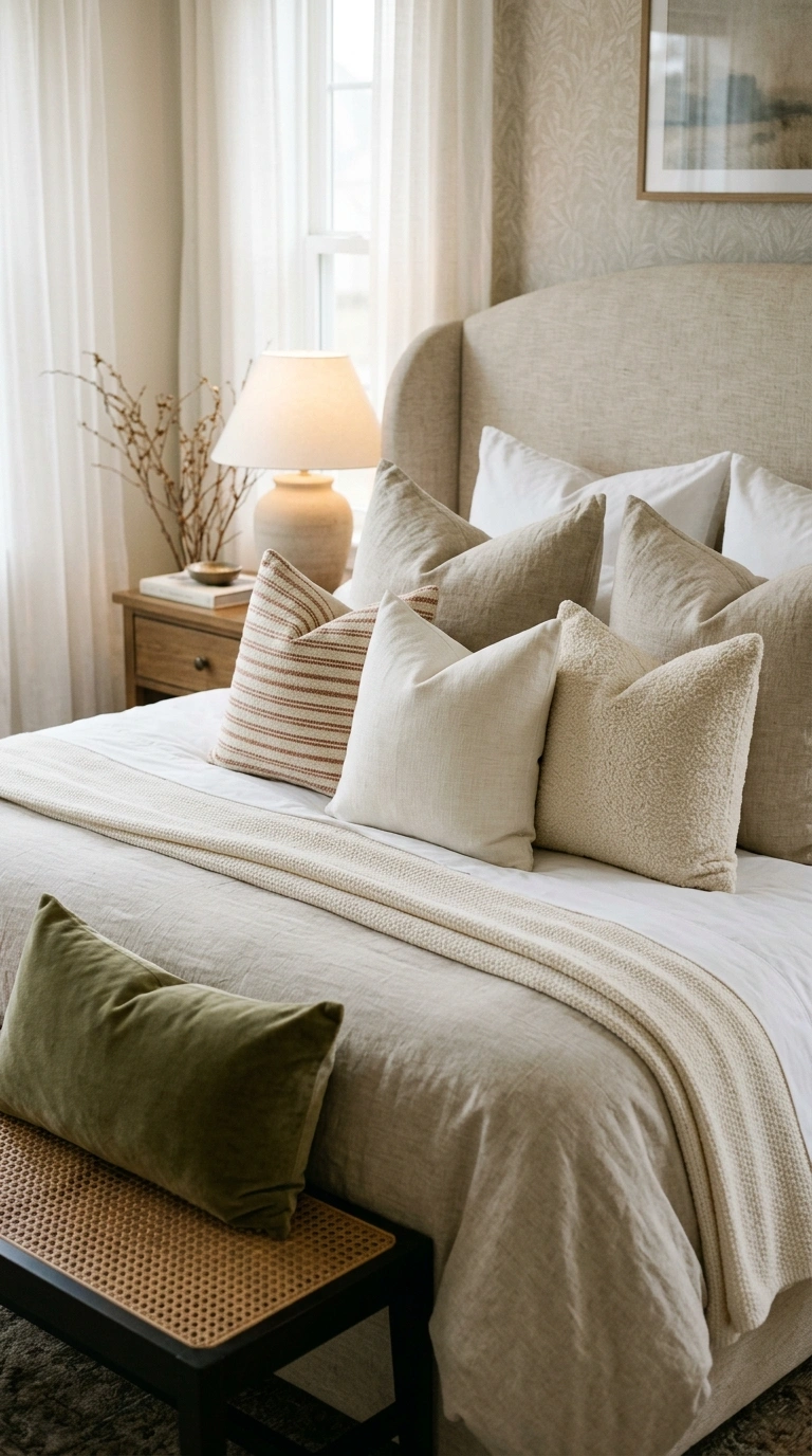 012 A styled bed with two oatmeal linen euro shams sta