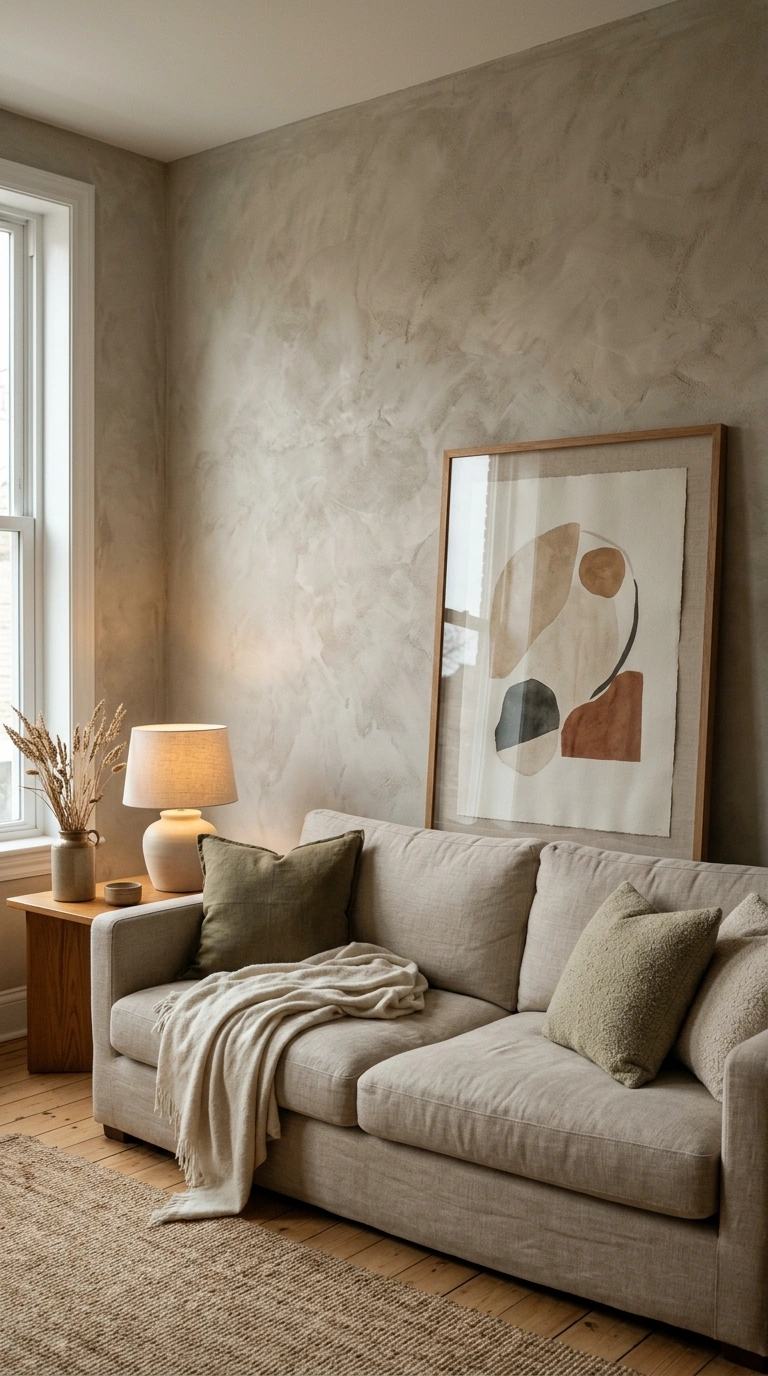 012 A textured limewash plaster accent wall in warm gr