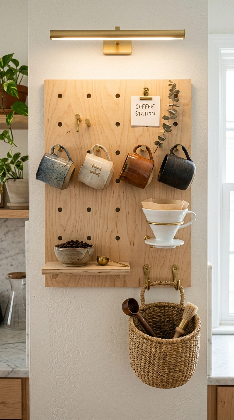012 A warm birch pegboard mounted on a wall arranged w