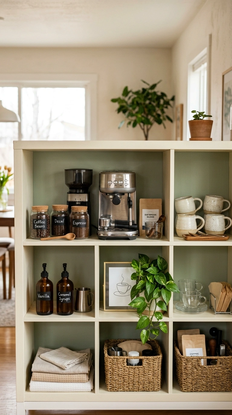 012 An open cube bookshelf converted into a coffee bar