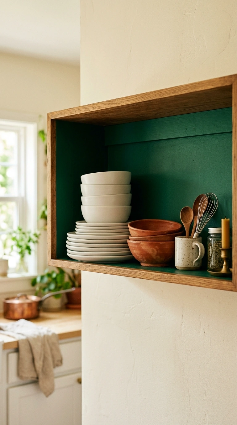 012 An open kitchen shelf with its back wall painted d