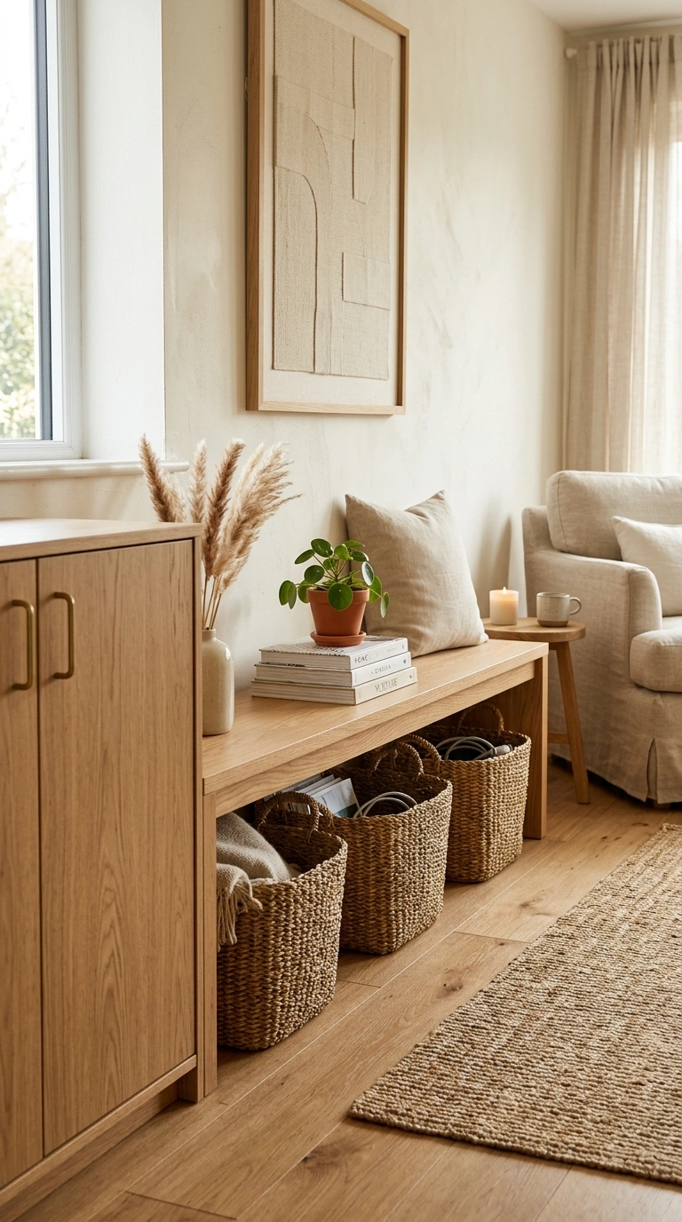 013 A calm living room with a low wooden storage bench
