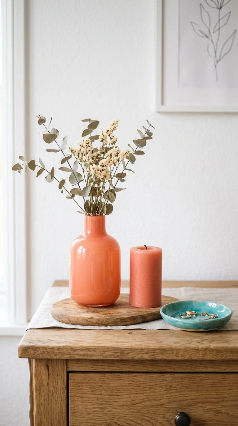 013 A dresser top vignette with a coral glass vase a c